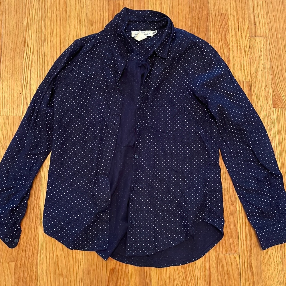 H&M Navy Blue & White Polka Dot Button Down Dress Shirt